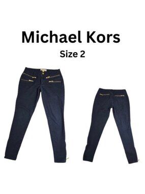 Michael Kors Size 2 Navy Blue Skinny Pants Gold Zippers
